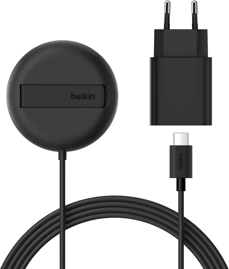 Belkin ▫️ Carregador sem fios compatível com MagSafe, base de carregamento magnética de 15 W, certificação Qi2, para iPhone 17, Air, Samsung Galaxy S25, Pixelsnap e AirPods – com fonte de alimentação – Preto