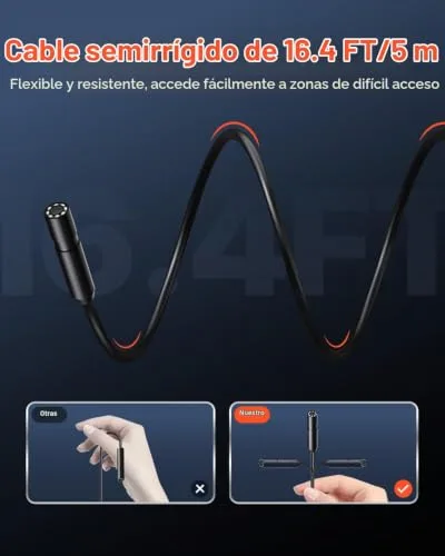 VEVOR ▫️ Câmara endoscópica boroscópio HD 1920P para Android e iOS, com 8 luzes LED ajustáveis e cabo semirrígido de 5 m, zoom de 2X, à prova de água IP67, para automóveis e canalização, 5000 x 18 x 10 mm 2