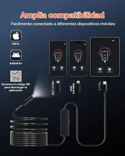 VEVOR ▫️ Câmara endoscópica boroscópio HD 1920P para Android e iOS, com 8 luzes LED ajustáveis e cabo semirrígido de 5 m, zoom de 2X, à prova de água IP67, para automóveis e canalização, 5000 x 18 x 10 mm 4