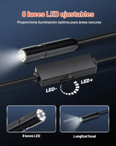VEVOR ▫️ Câmara endoscópica boroscópio HD 1920P para Android e iOS, com 8 luzes LED ajustáveis e cabo semirrígido de 5 m, zoom de 2X, à prova de água IP67, para automóveis e canalização, 5000 x 18 x 10 mm 5