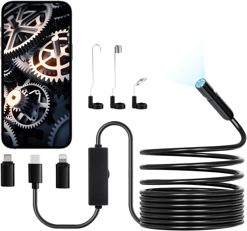 VEVOR ▫️ Câmara endoscópica boroscópio HD 1920P para Android e iOS, com 8 luzes LED ajustáveis e cabo semirrígido de 5 m, zoom de 2X, à prova de água IP67, para automóveis e canalização, 5000 x 18 x 10 mm