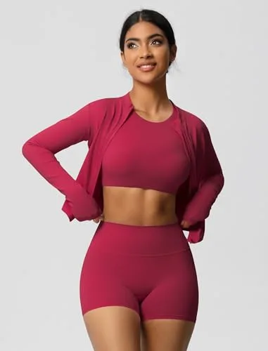 IDOPIP ▫️ Conjunto desportivo feminino de 3 peças com casaco desportivo: conjunto composto por casaco de ginásio + leggings curtas + camisola sem mangas de manga curta com sutiã incorporado - roupa desportiva para 3