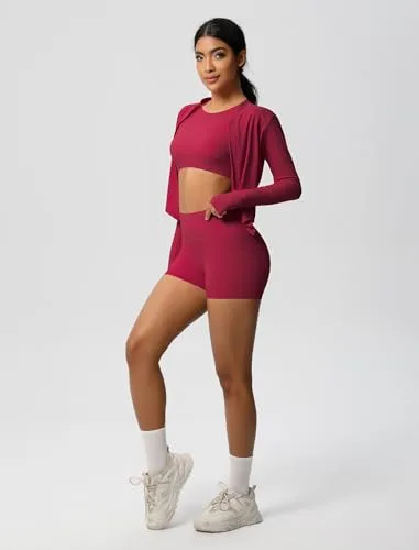 IDOPIP ▫️ Conjunto desportivo feminino de 3 peças com casaco desportivo: conjunto composto por casaco de ginásio + leggings curtas + camisola sem mangas de manga curta com sutiã incorporado - roupa desportiva para 4