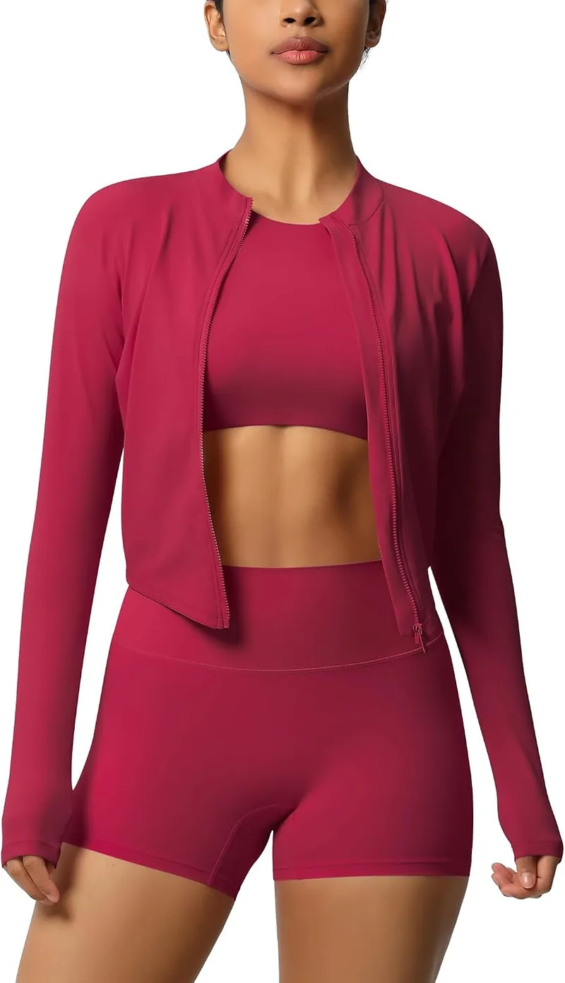 IDOPIP ▫️ Conjunto desportivo feminino de 3 peças com casaco desportivo: conjunto composto por casaco de ginásio + leggings curtas + camisola sem mangas de manga curta com sutiã incorporado - roupa desportiva para