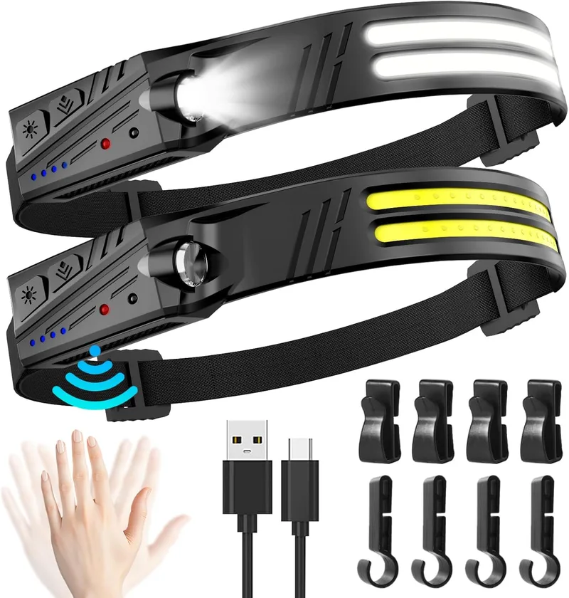 MLIAIMCE ▫️ Lanterna de cabeça Lanterna de cabeça LED recarregável 2pcs Super Bright 2000 Lumens com sensor de movimento 230 °Angle 2*LED,IPX5 Waterproof 0.14lb Lightweight Headlamp For Running Camping Camping