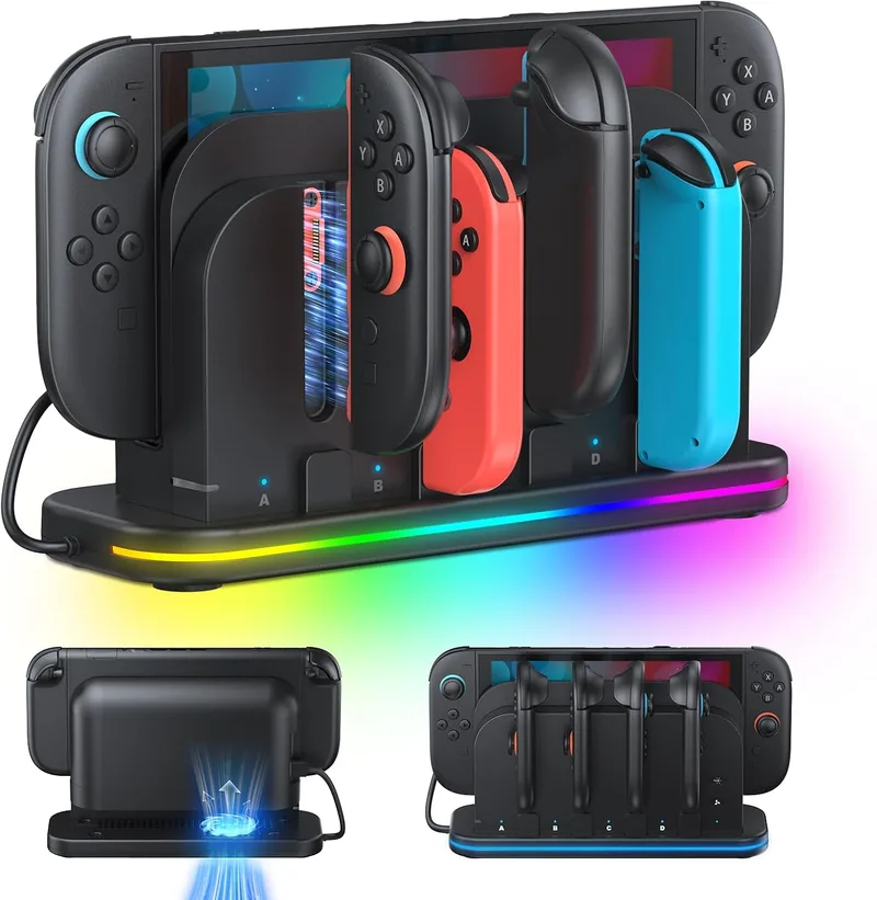 Klipdasse ▫️ Suporte de carregamento e arrefecimento para a Nintendo Switch 2 com ventoinha de arrefecimento, luz RGB, indicadores LED, suporte de carregamento magnético compatível com a Joy con da Switch 2