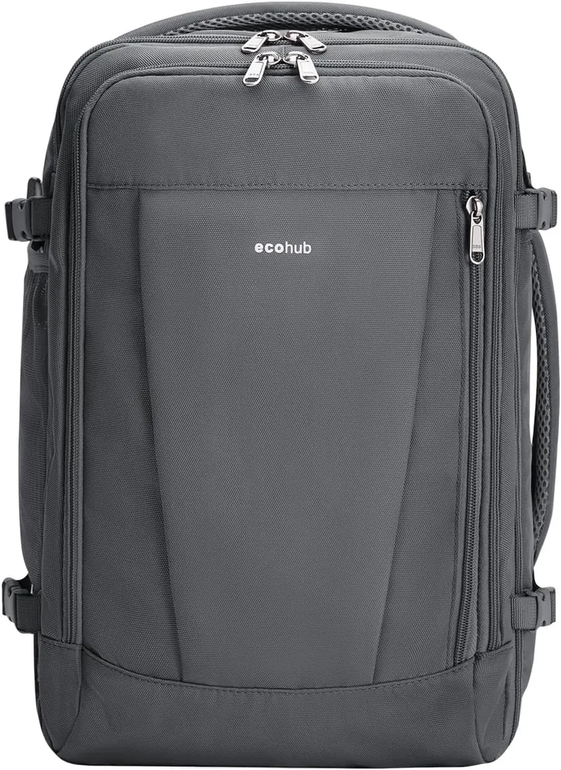 ECOHUB ▫️ Mochila 42x20x25 Bagagem de mão 13 bolsos Mochila de viagem de avião Mochila impermeável Mochila para mulheres Pet pequeno reciclado ecológico 25L(cinzento)