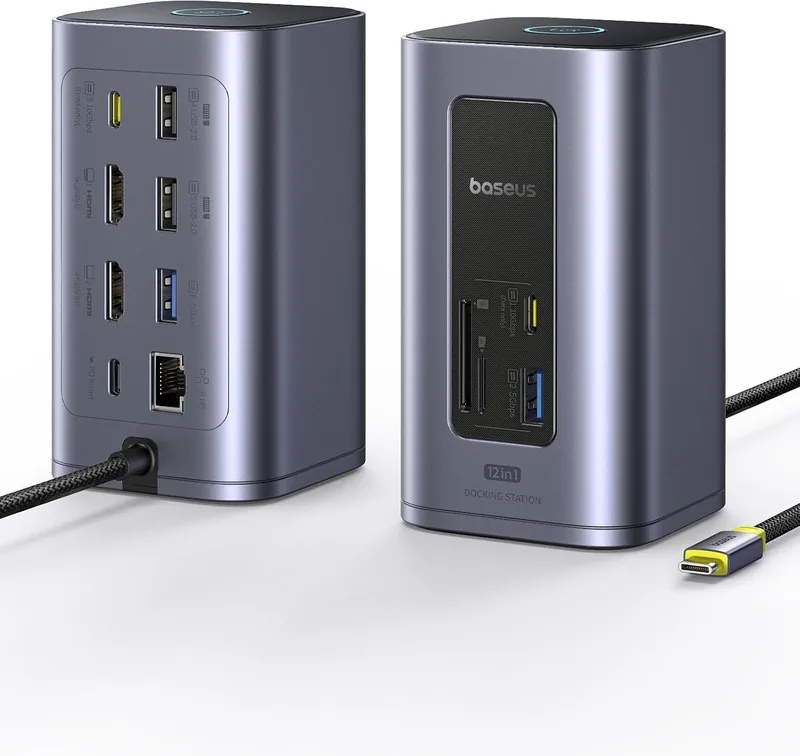 Baseus ▫️ Nomos Air 12 em 1 Docking Station, Estação de Acoplamento para 2 Monitores para Windows, com HDMI 4K, USB-A/C a 10 Gbps, SD/TF, PD de 100 W, Ethernet, Compatível com portáteis HP/Lenovo/DELL/Acer