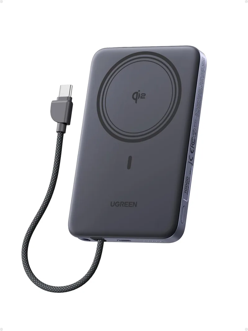 UGREEN ▫️ MagFlow Air Qi2 15W Bateria externa ultrafina 10000mAh Cabo USB-C PD 30W MagSafe Compatível para iPhone 17 16 15 14 13 12 Air Plus Pro MAX Power Bank Carregamento magnético (cinzento)