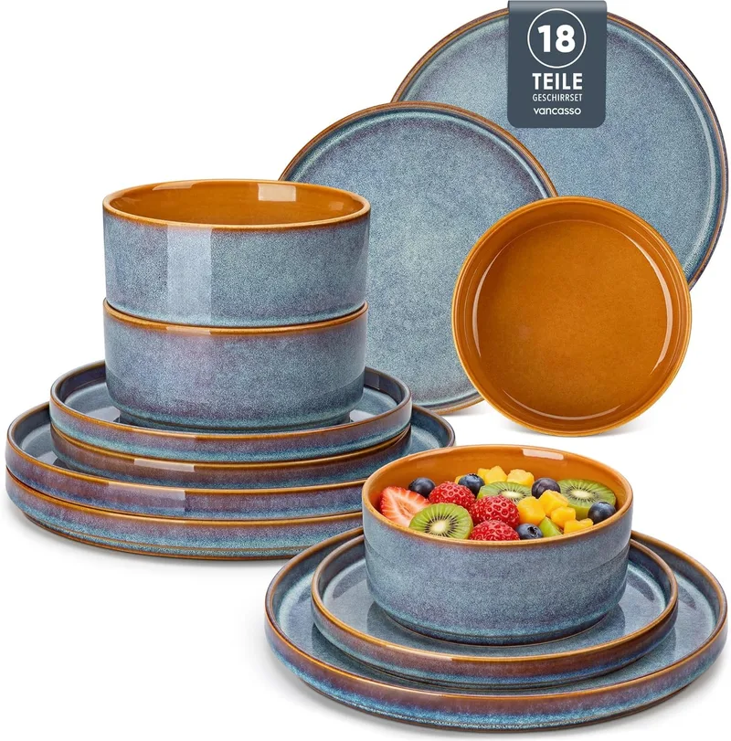 vancasso ▫️ Conjunto completo de louça ONION 18 peças para 6 pessoas, louça moderna em grés - 6 pratos de jantar, 6 pratos de sobremesa e 6 taças - Esmalte reativo azul cinzento, micro-ondas