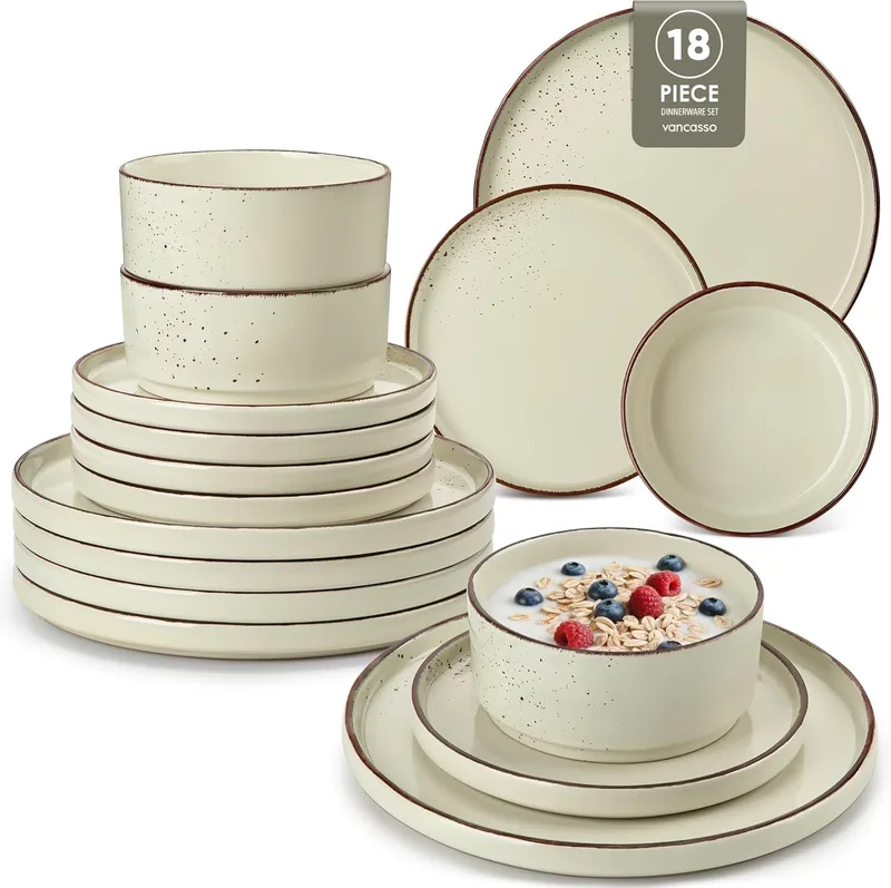 vancasso ▫️ NAVIA - Serviço de mesa completo e moderno em grés para 6 pessoas, conjunto de 18 peças - 6 pratos rasos, 6 pratos de sobremesa e 6 taças para cereais - Adequado para micro-ondas e máquina de lavar louça - Bege