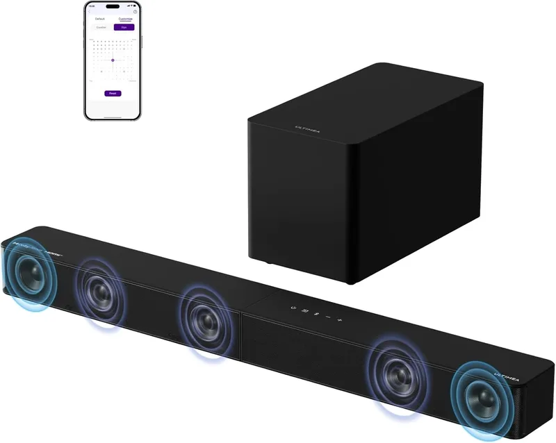 ULTIMEA ▫️ Barra de Som de 5.1 canais para TV com Dolby Atmos, Sistema de Som Envolvente para Cinema em Casa, Barra de Som com Subwoofer para TV, 340 W, Graves Ajustáveis, Aplicação, Bluetooth 5.4, Poseidon M60 Boom