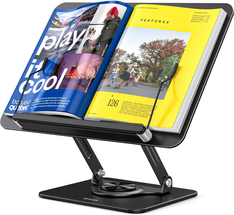 BESIGN ▫️ BS02 Suporte de livros para leitura, suporte de livros ajustável, suporte ergonómico para portáteis com clipes elásticos para partituras, receitas, computador portátil