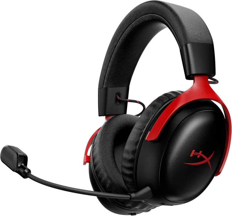 HyperX ▫️ Cloud III S - Auscultadores para jogos sem fios, Bluetooth, 2,4 GHz, PC, PS5, Xbox, drivers de 53 mm, DTS, microfone de 10 mm, bateria com autonomia até 200 h, Vermelho-Preto