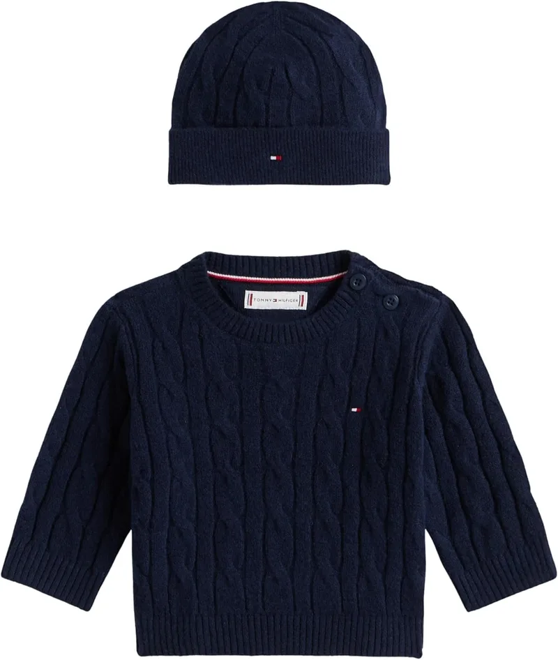 Tommy Hilfiger ▫️ Recém-nascido CABLE CREW WITH BEANIE KN0KN02158 BLUE (Dark Night Navy) 24 meses