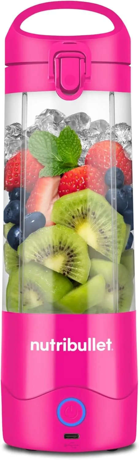 NutriBullet ▫️ Portable NBP003BP, liquidificador portátil com capacidade de 475 ml, lâmina de 4 pontos, copo de Tritan, tempo de funcionamento de 15 ciclos, inclui tampa articulada, carregamento USB-C, cor-de-rosa