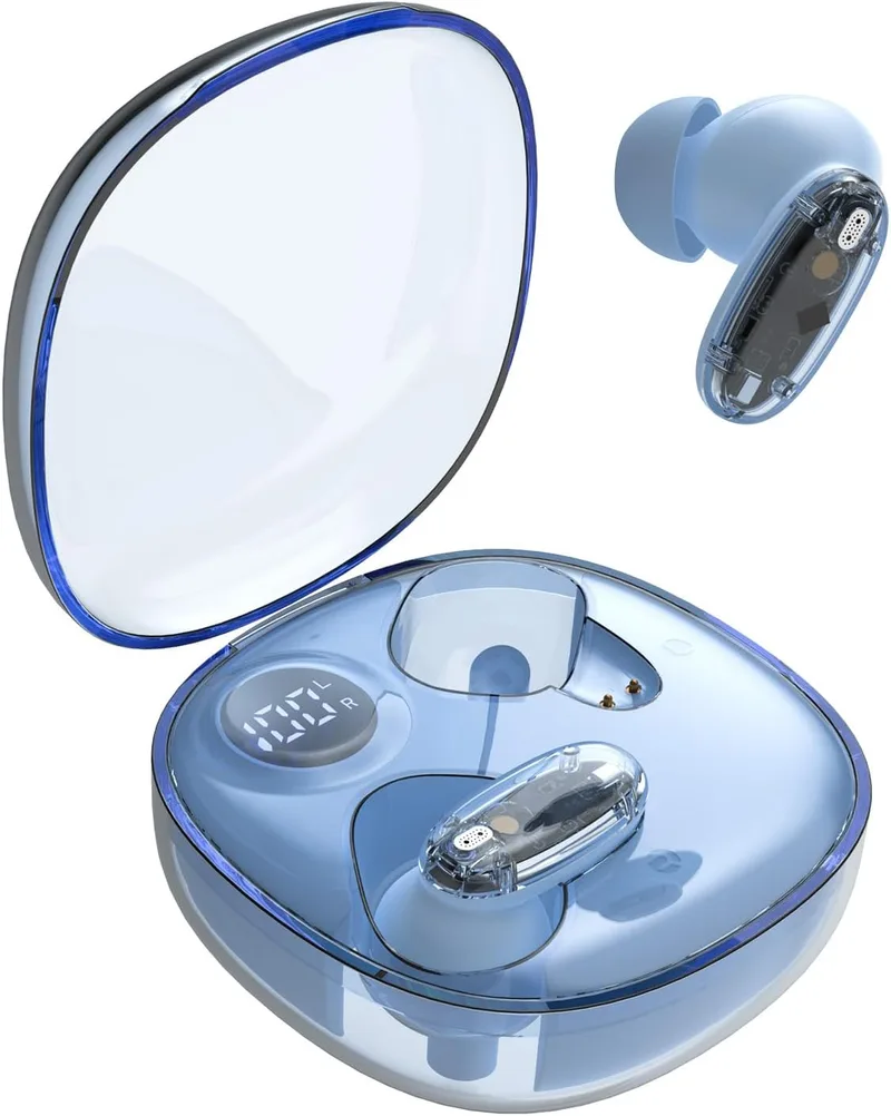 Mars Gaming ▫️ MHIB2, auscultadores Bluetooth 5.4, som envolvente, design ergonómico semi-transparente e ultra-compacto, 24 horas de reprodução, auscultadores sem fios com estojo e indicador LED, azul