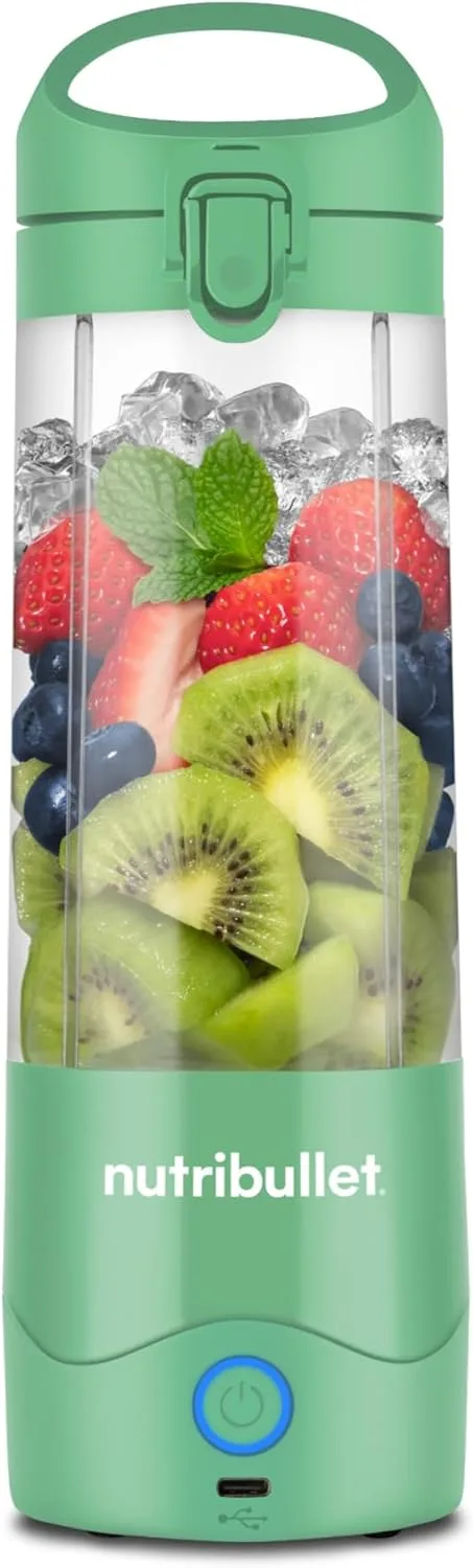 NutriBullet ▫️ Portable NBP003LG, liquidificador portátil com capacidade de 475 ml, lâmina de 4 pinos, copo de Tritan, capacidade para 15 ciclos, inclui tampa articulada, carregamento USB-C, verde claro