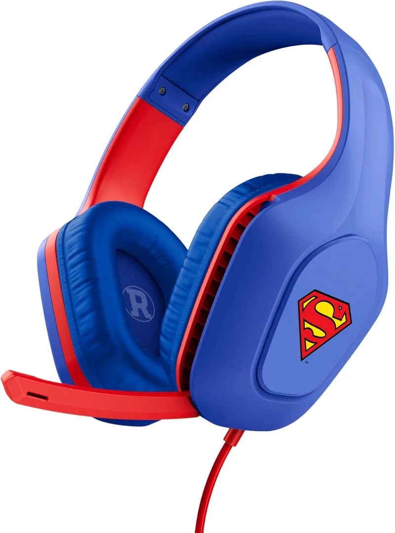 GXTrust ▫️ 415SM Zirox Gaming Headset Superman License para PC Xbox PS4 PS5 Switch Mobile, Drivers de 50 mm, Ligação de 3,5 mm, Microfone dobrável, Auscultadores leves com cabo Over-Ear de 1,2 m, Azul
