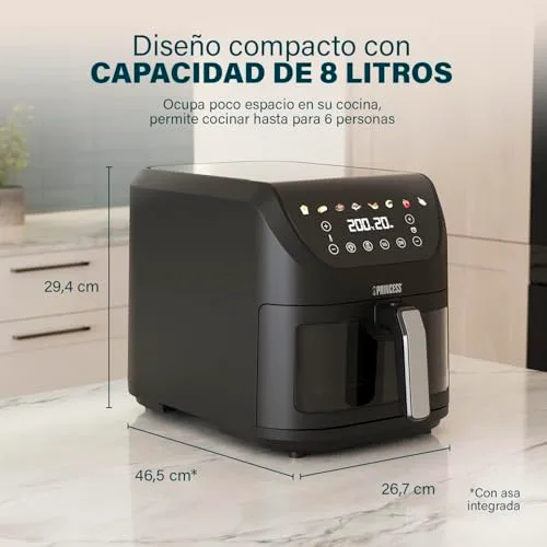 Princess ▫️ SlimFry Airfryer, Capacidade de 8 L, 2000 W, 8 programas, ecrã tátil digital, termóstato ajustável, janela de visualização, desligamento automático, cesto lavável, 182257, luzes indicadoras coloridas 2