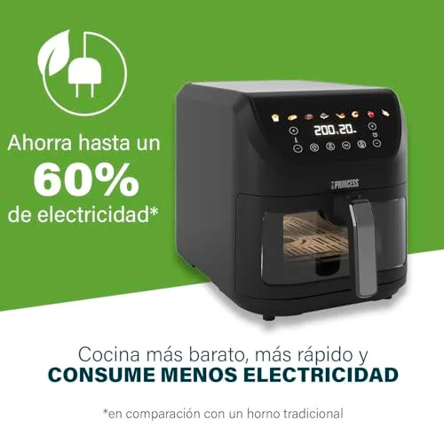 Princess ▫️ SlimFry Airfryer, Capacidade de 8 L, 2000 W, 8 programas, ecrã tátil digital, termóstato ajustável, janela de visualização, desligamento automático, cesto lavável, 182257, luzes indicadoras coloridas 4