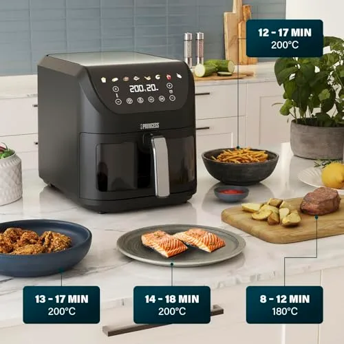 Princess ▫️ SlimFry Airfryer, Capacidade de 8 L, 2000 W, 8 programas, ecrã tátil digital, termóstato ajustável, janela de visualização, desligamento automático, cesto lavável, 182257, luzes indicadoras coloridas 5