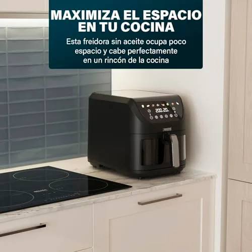 Princess ▫️ SlimFry Airfryer, Capacidade de 8 L, 2000 W, 8 programas, ecrã tátil digital, termóstato ajustável, janela de visualização, desligamento automático, cesto lavável, 182257, luzes indicadoras coloridas 7