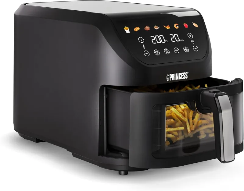 Princess ▫️ SlimFry Airfryer, 8L de capacidade, 2000W, 8 programas, ecrã tátil digital, termóstato ajustável, janela de visualização, desligamento automático, cesto lavável, 182257, cor Pilotos