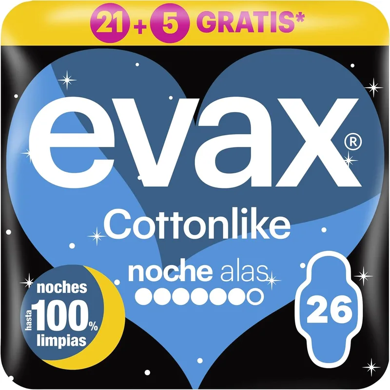 EVAX ▫️ Cottonlike Pensos Noturnos com Asas, 26 unidades, até 100% de noites limpas