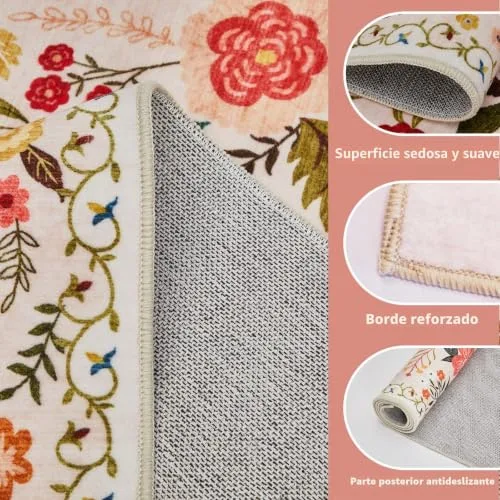 Puremy ▫️ Tapete de sala, 140 x 200 cm, estilo vintage floral, lavável e antiderrapante, estampado plano, design ultrafino, ideal para quartos, quartos de crianças, casas de banho e lavandarias, cor bege 3