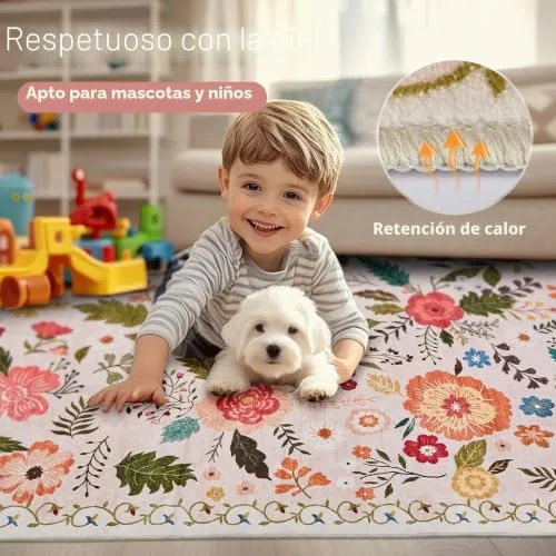 Puremy ▫️ Tapete de sala, 140 x 200 cm, estilo vintage floral, lavável e antiderrapante, estampado plano, design ultrafino, ideal para quartos, quartos de crianças, casas de banho e lavandarias, cor bege 4