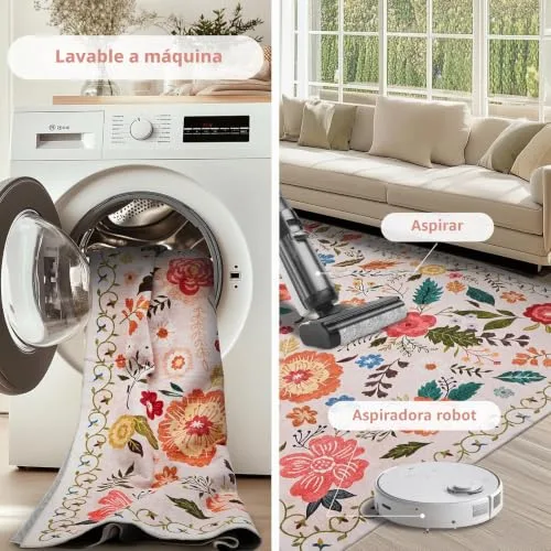 Puremy ▫️ Tapete de sala, 140 x 200 cm, estilo vintage floral, lavável e antiderrapante, estampado plano, design ultrafino, ideal para quartos, quartos de crianças, casas de banho e lavandarias, cor bege 5