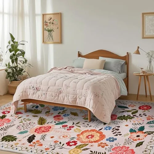 Puremy ▫️ Tapete de sala, 140 x 200 cm, estilo vintage floral, lavável e antiderrapante, estampado plano, design ultrafino, ideal para quartos, quartos de crianças, casas de banho e lavandarias, cor bege 6