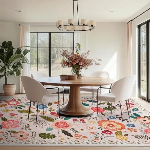 Puremy ▫️ Tapete de sala, 140 x 200 cm, estilo vintage floral, lavável e antiderrapante, estampado plano, design ultrafino, ideal para quartos, quartos de crianças, casas de banho e lavandarias, cor bege 7