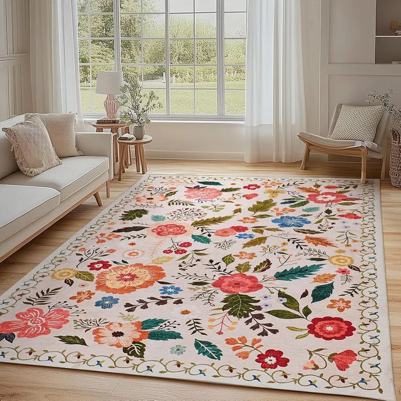 Puremy ▫️ Tapete de sala, 140 x 200 cm, estilo vintage floral, lavável e antiderrapante, estampado plano, design ultrafino, ideal para quartos, quartos de crianças, casas de banho e lavandarias, cor bege