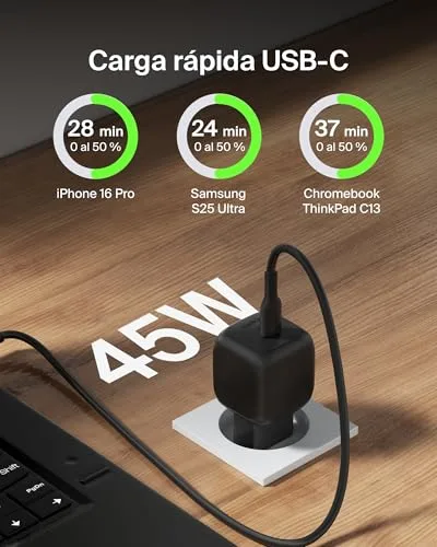 Belkin ▫️ Carregador compacto de carregamento rápido de 45 W, USB-C Power Delivery para Apple iPhone 17, iPhone 16, série iPhone 15, Samsung Galaxy S25, Pixel 10, iPad, AirPods e outros - Preto 2