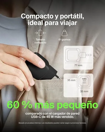 Belkin ▫️ Carregador compacto de carregamento rápido de 45 W, USB-C Power Delivery para Apple iPhone 17, iPhone 16, série iPhone 15, Samsung Galaxy S25, Pixel 10, iPad, AirPods e outros - Preto 3