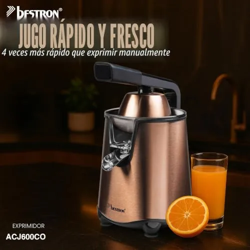 Bestron ▫️ Espremedor elétrico espremedor de laranjas com função de paragem da saída e coador de polpa em aço inoxidável, inclui 2 cones de prensagem, capacidade de 450 ml, alavanca de prensagem suave 2