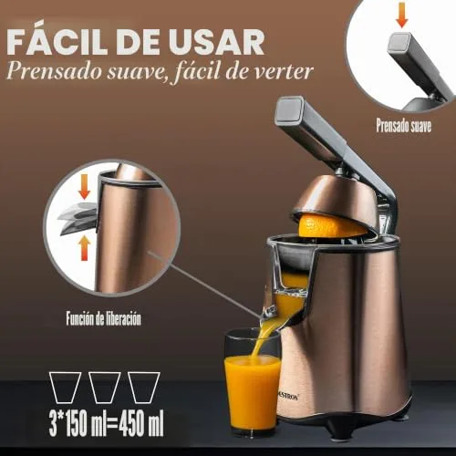 Bestron ▫️ Espremedor elétrico espremedor de laranjas com função de paragem da saída e coador de polpa em aço inoxidável, inclui 2 cones de prensagem, capacidade de 450 ml, alavanca de prensagem suave 4
