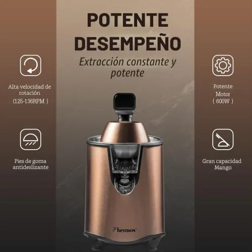 Bestron ▫️ Espremedor elétrico espremedor de laranjas com função de paragem da saída e coador de polpa em aço inoxidável, inclui 2 cones de prensagem, capacidade de 450 ml, alavanca de prensagem suave 5