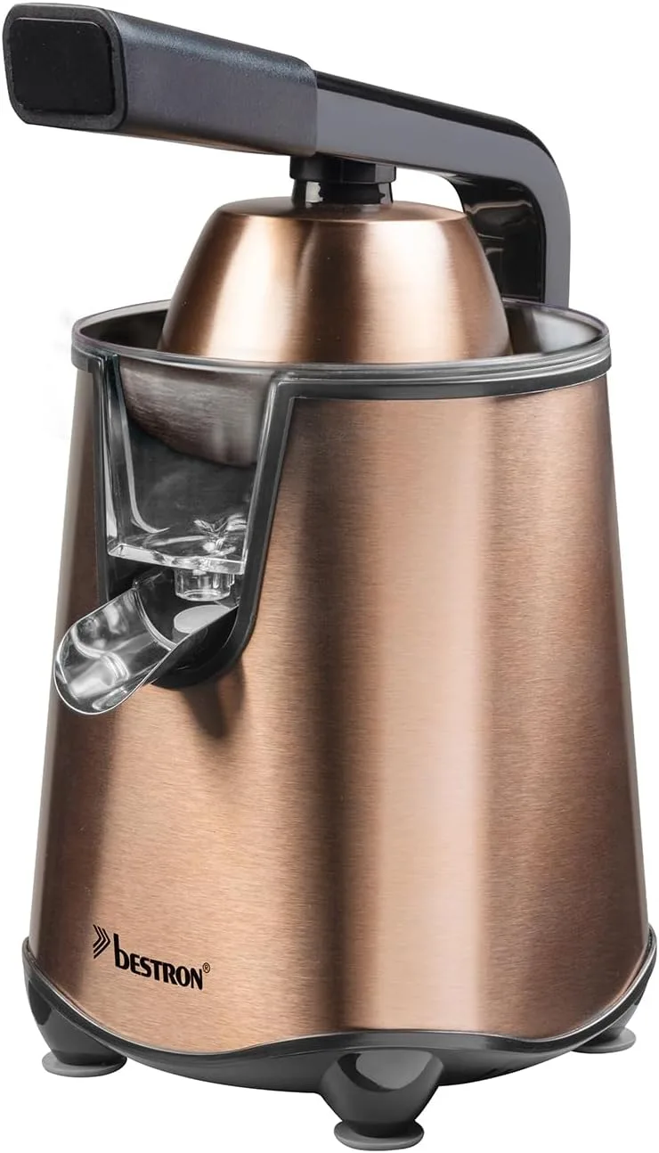 Bestron ▫️ Espremedor elétrico espremedor de laranjas com função de paragem da saída e coador de polpa em aço inoxidável, inclui 2 cones de prensagem, capacidade de 450 ml, alavanca de prensagem suave