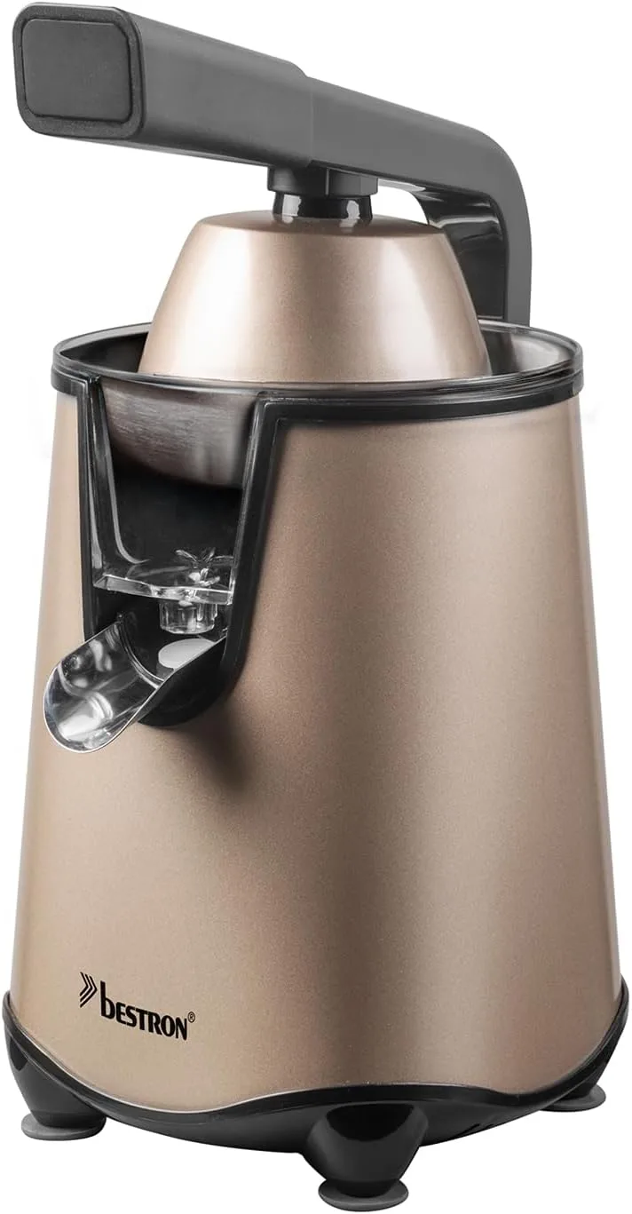 Bestron ▫️ Espremedor elétrico espremedor de laranjas com função de bloqueio do bico e filtro de polpa em aço inoxidável, inclui 2 cones com capacidade de 450 ml, alavanca de pressão suave para um