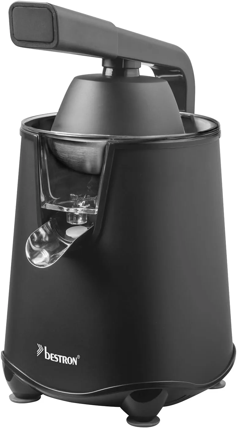 Bestron ▫️ Espremedor elétrico espremedor de laranjas com função de paragem da saída e coador de polpa em aço inoxidável, inclui 2 cones de prensagem, capacidade de 450 ml, alavanca de prensagem suave