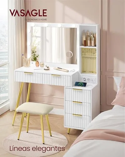 VASAGLE ▫️ Penteadeira com Espelho e Banco, Mesa de maquilhagem com gavetas, lupa de 10x, iluminação LED, tabuleiro para joias, tomada múltipla, 40 x 110 x 135 cm, Branco Nuvem RVT020WB01 2