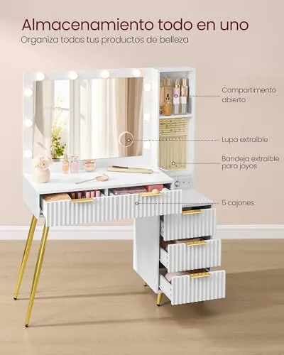 VASAGLE ▫️ Penteadeira com Espelho e Banco, Mesa de maquilhagem com gavetas, lupa de 10x, iluminação LED, tabuleiro para joias, tomada múltipla, 40 x 110 x 135 cm, Branco Nuvem RVT020WB01 3