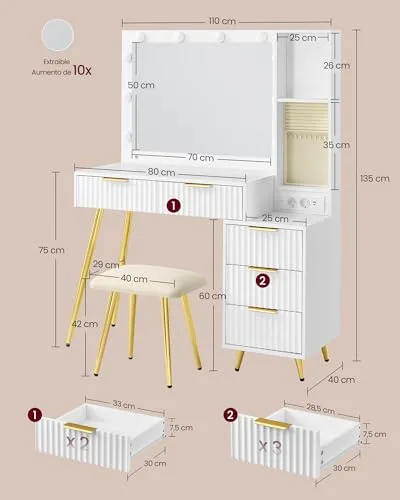 VASAGLE ▫️ Penteadeira com Espelho e Banco, Mesa de maquilhagem com gavetas, lupa de 10x, iluminação LED, tabuleiro para joias, tomada múltipla, 40 x 110 x 135 cm, Branco Nuvem RVT020WB01 5