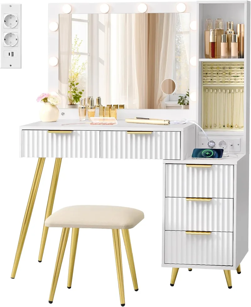 VASAGLE ▫️ Penteadeira com Espelho e Banco, Mesa de maquilhagem com gavetas, lupa de 10x, iluminação LED, tabuleiro para joias, tomada múltipla, 40 x 110 x 135 cm, Branco Nuvem RVT020WB01