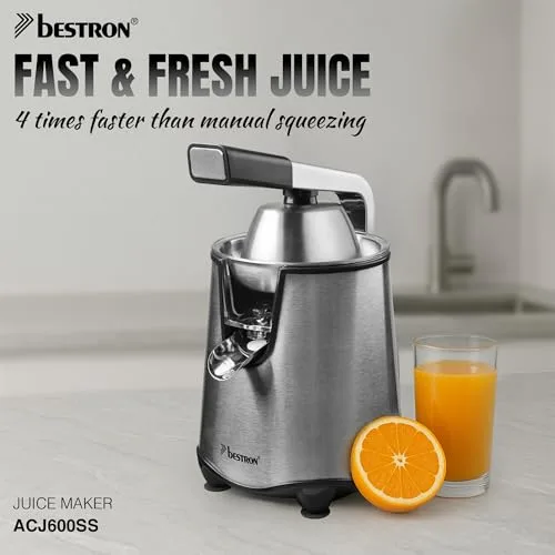 Bestron ▫️ Espremedor elétrico espremedor de laranjas com função de bloqueio do bico e coador de frutas em aço inoxidável, incluindo 2 cones com capacidade de 450 ml, alavanca de pressão suave para um 2