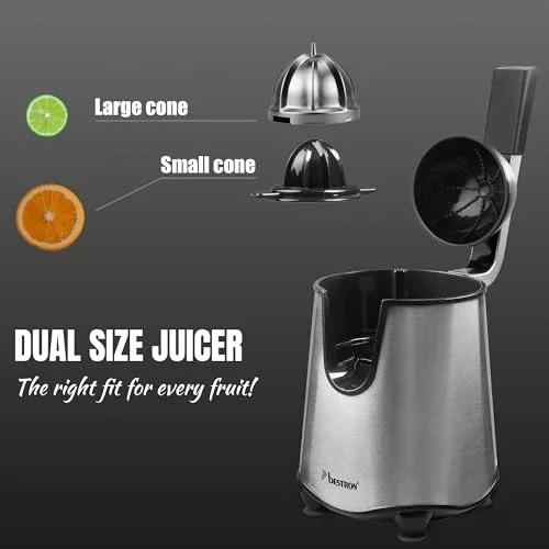 Bestron ▫️ Espremedor elétrico espremedor de laranjas com função de bloqueio do bico e coador de frutas em aço inoxidável, incluindo 2 cones com capacidade de 450 ml, alavanca de pressão suave para um 3