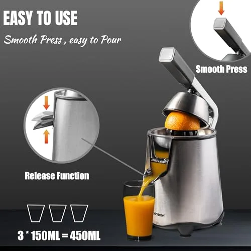 Bestron ▫️ Espremedor elétrico espremedor de laranjas com função de bloqueio do bico e coador de frutas em aço inoxidável, incluindo 2 cones com capacidade de 450 ml, alavanca de pressão suave para um 4